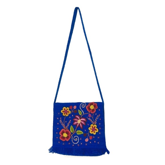 Colorful Botanical Embroidered Royal Blue Woven Crossbody Messenger Festival Bag - Picture 2 of 16